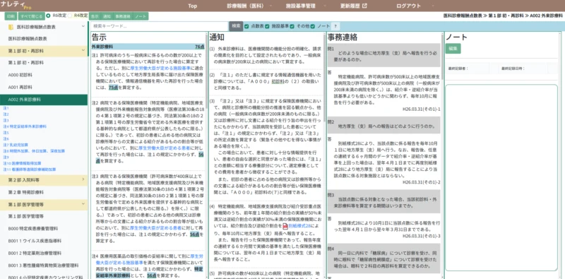 点数表の画面。左に分類ツリー、中央に告示・通知・事務連絡、右端に院内ノートの欄が並んでいる